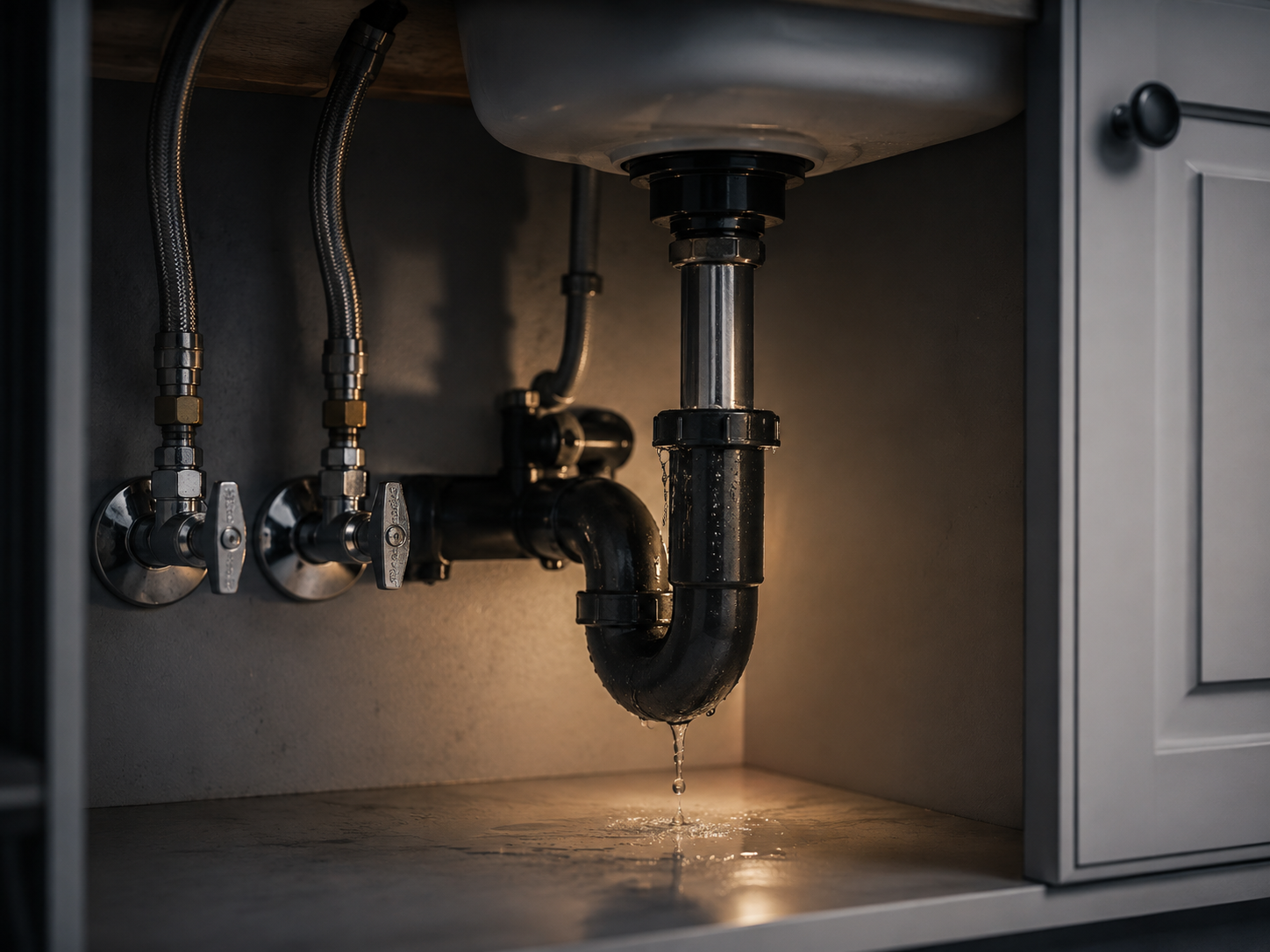 Under-sink plumbing and shutoff valves representing Rockland Service plumbing work